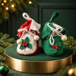 Vintage Felt Christmas‎ Ornaments Shoes Green And Red Retro Holiday Decor